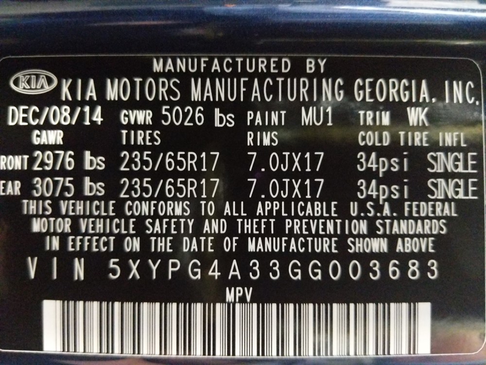 2016 Kia Sorento - VIN Plate