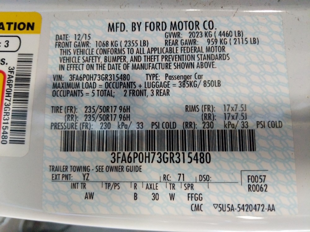 2016 Ford Fusion - VIN Plate