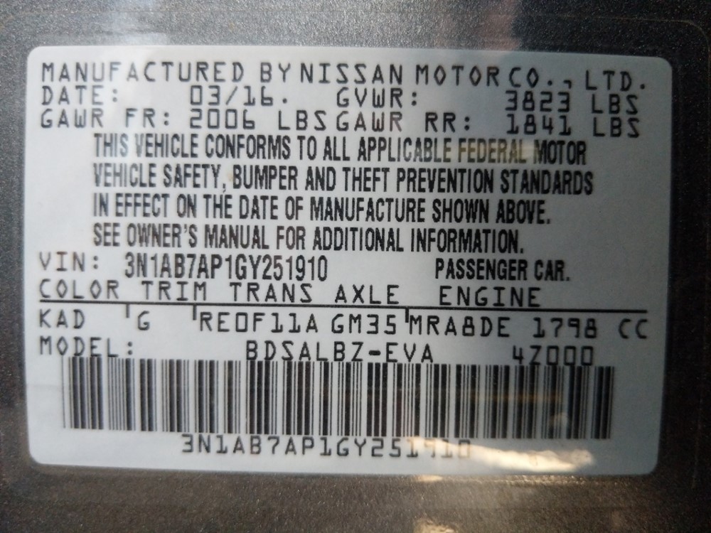 2016 Nissan Sentra - VIN Plate