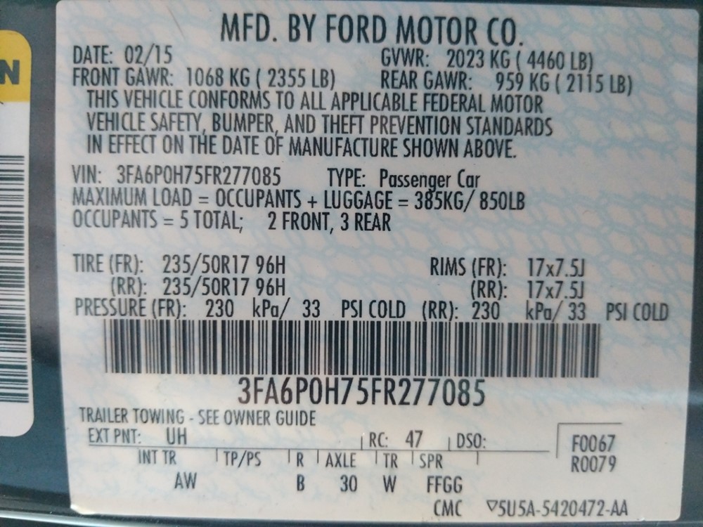 2015 Ford Fusion - VIN Plate