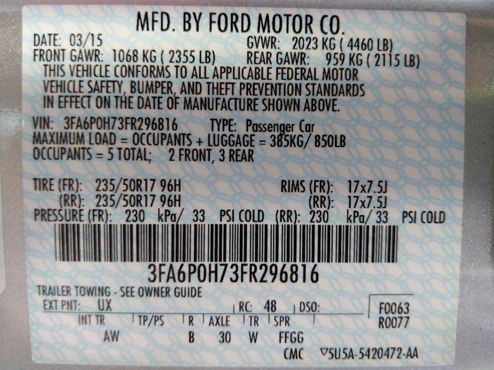 2015 Ford Fusion - VIN Plate