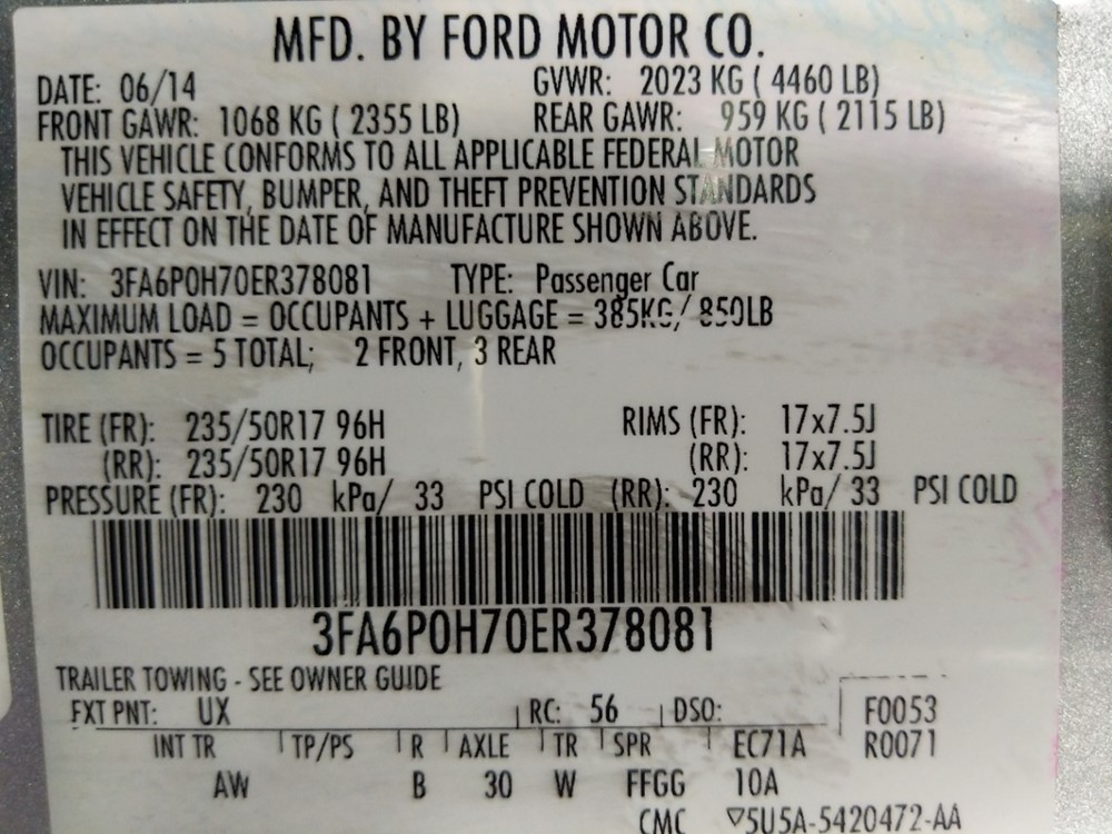 2014 Ford Fusion - VIN Plate