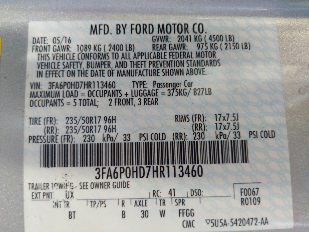 2017 Ford Fusion - VIN Plate