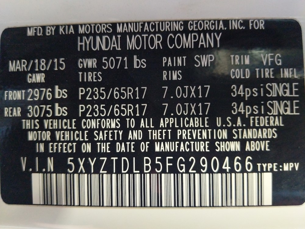 2015 Hyundai Santa Fe - VIN Plate
