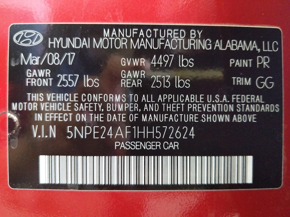 2017 Hyundai Sonata - VIN Plate