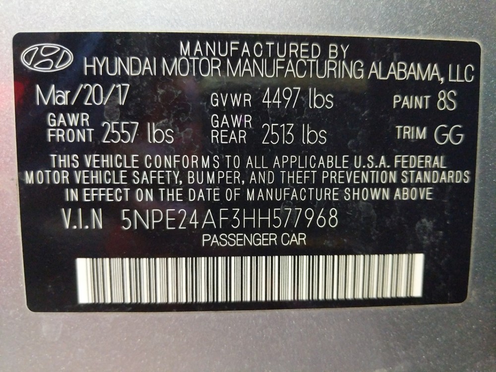 2017 Hyundai Sonata - VIN Plate