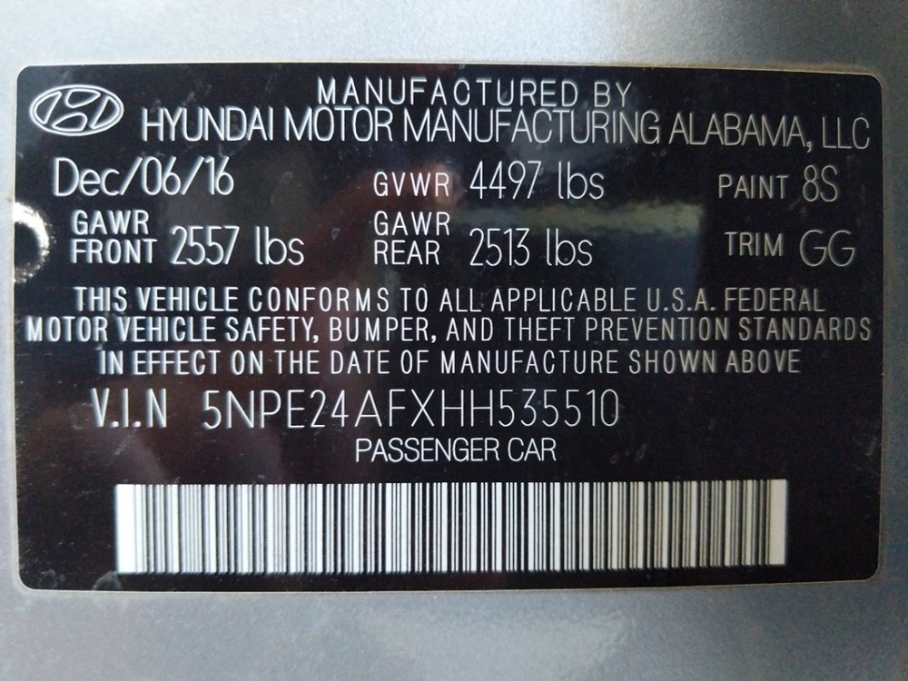 2017 Hyundai Sonata - VIN Plate