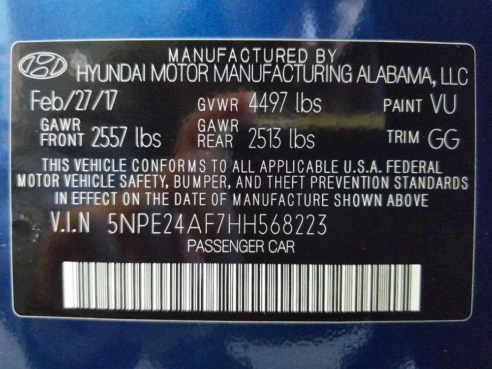 2017 Hyundai Sonata - VIN Plate