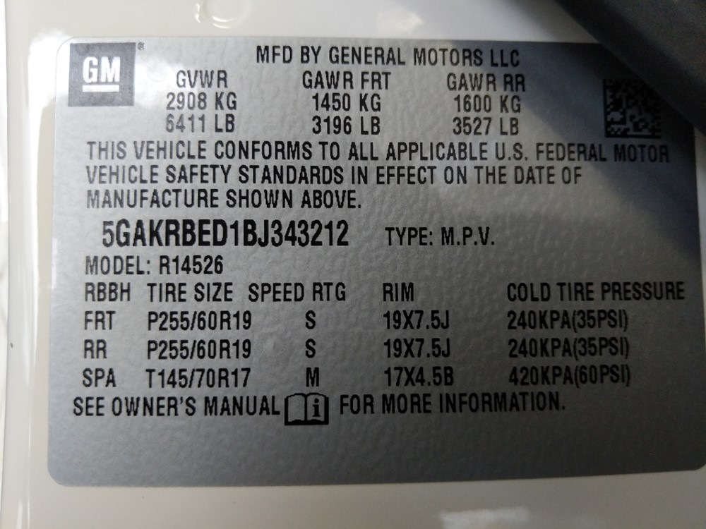 2011 Buick Enclave - VIN Plate