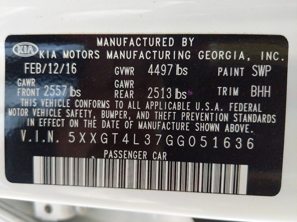 2016 Kia Optima - VIN Plate