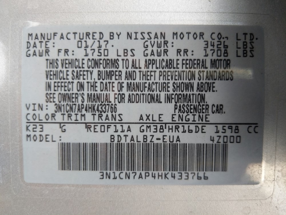 2017 Nissan Versa - VIN Plate