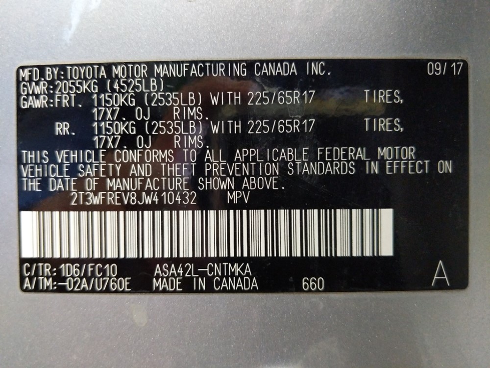 2018 Toyota RAV4 - VIN Plate