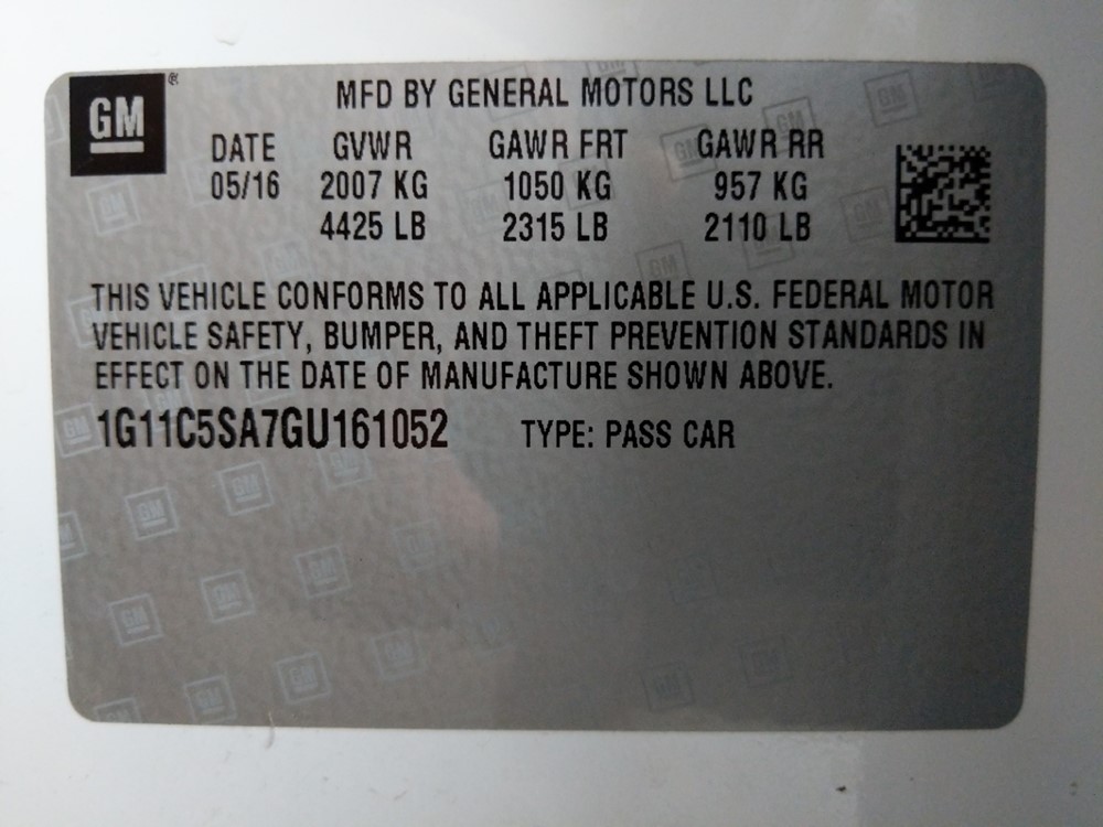 2016 Chevrolet Malibu - VIN Plate
