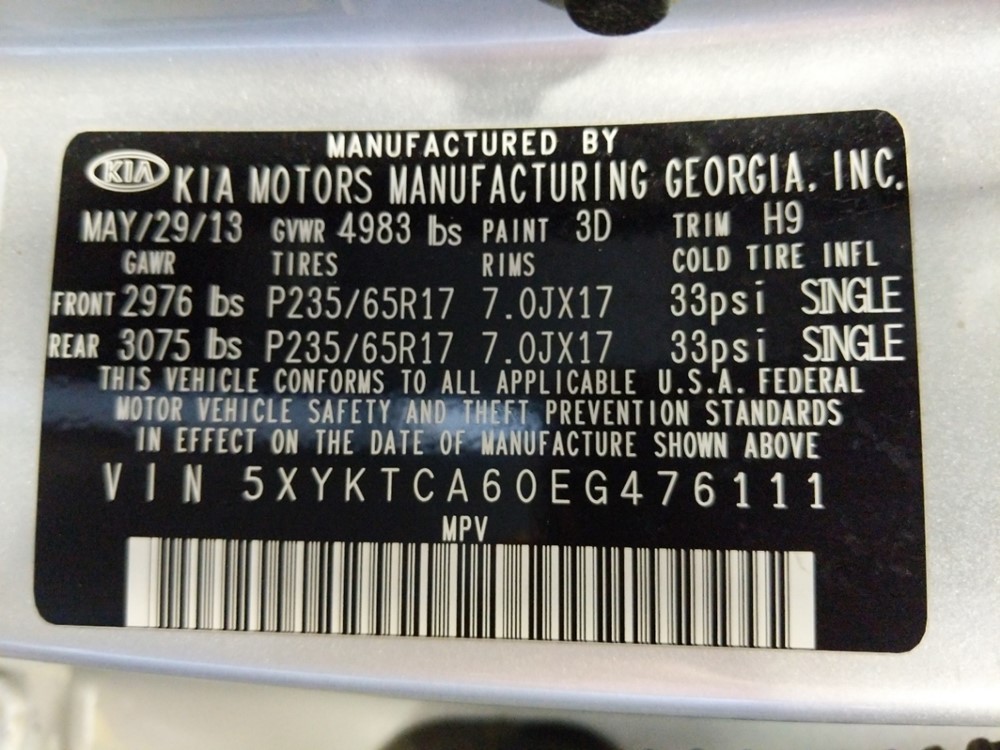 2014 Kia Sorento - VIN Plate