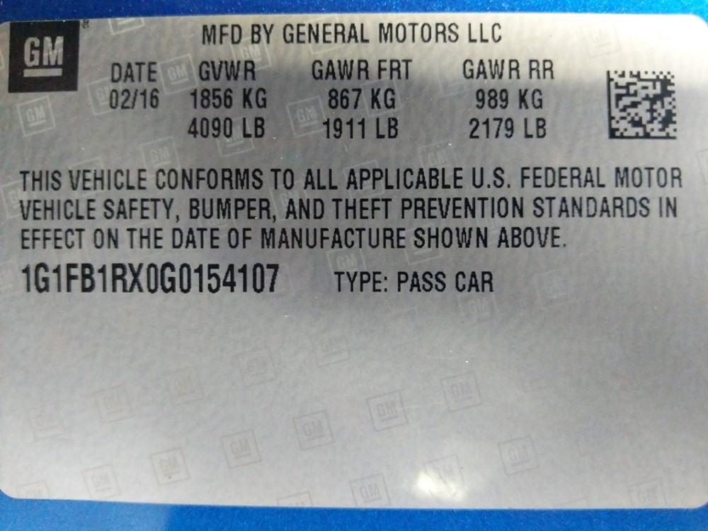2016 Chevrolet Camaro - VIN Plate