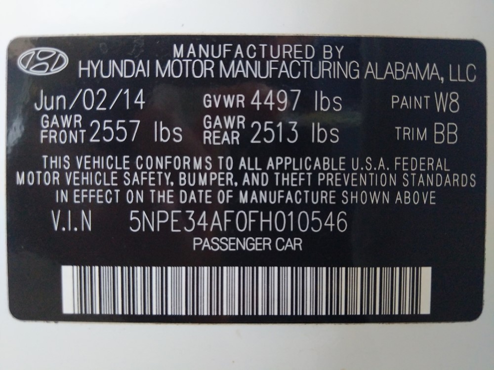2015 Hyundai Sonata - VIN Plate