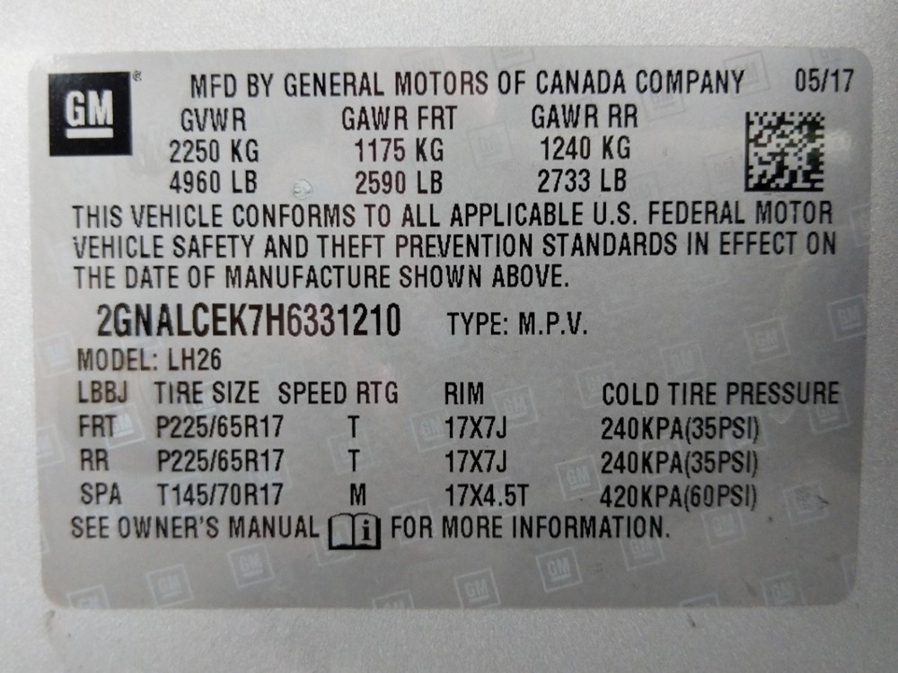 2017 Chevrolet Equinox - VIN Plate