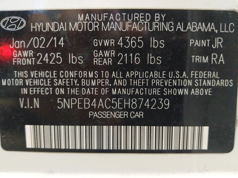 2014 Hyundai Sonata - VIN Plate