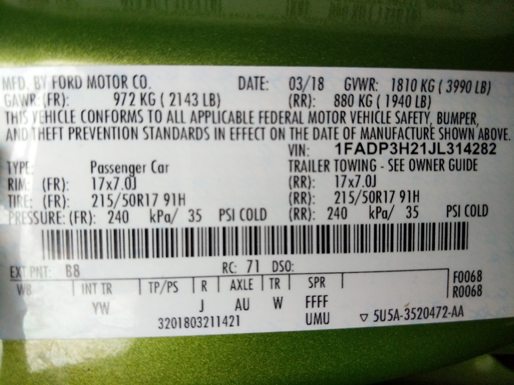 2018 Ford Focus - VIN Plate