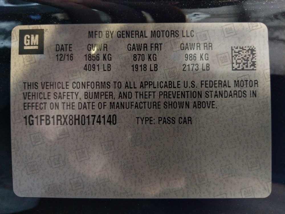 2017 Chevrolet Camaro - VIN Plate