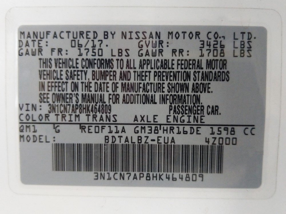 2017 Nissan Versa - VIN Plate