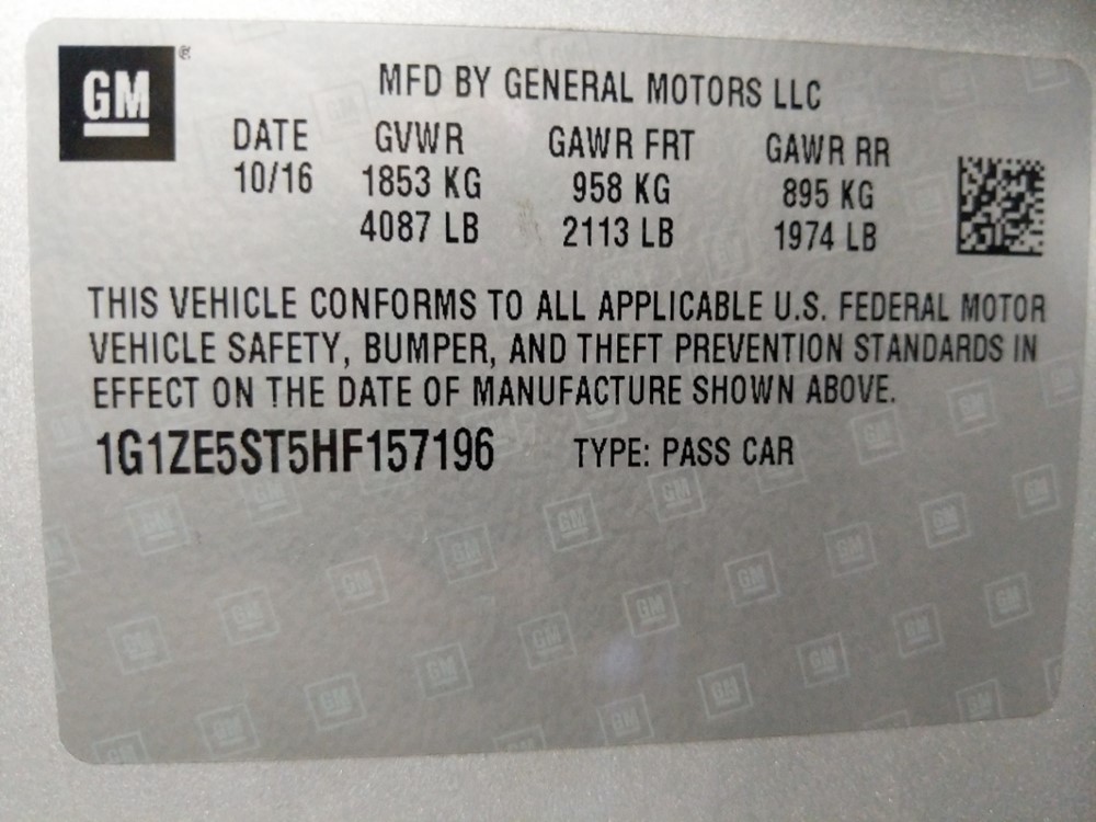 2017 Chevrolet Malibu - VIN Plate