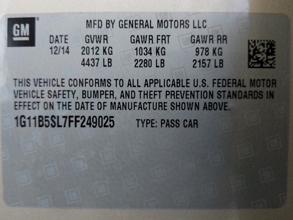2015 Chevrolet Malibu - VIN Plate