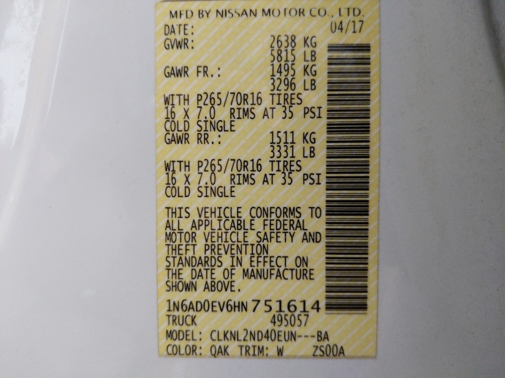 2017 Nissan Frontier - VIN Plate