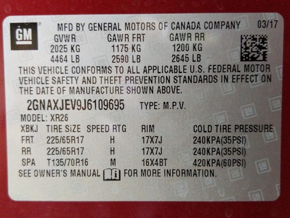 2018 Chevrolet Equinox - VIN Plate