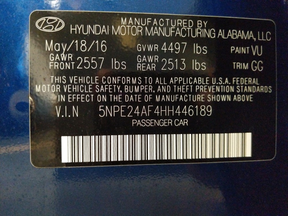 2017 Hyundai Sonata - VIN Plate