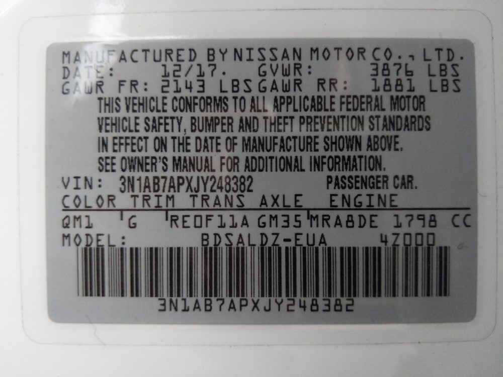 2018 Nissan Sentra - VIN Plate