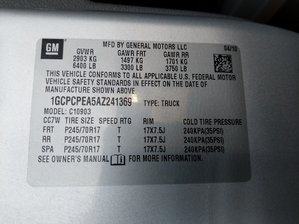 2010 Chevrolet Silverado 1500 - VIN Plate