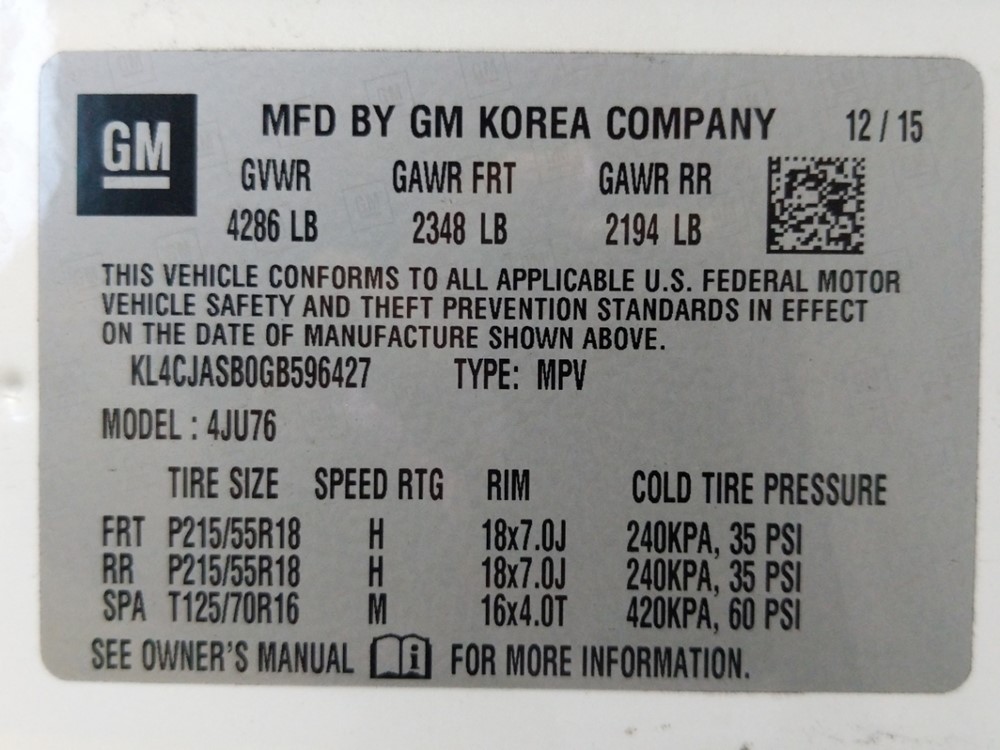 2016 Buick Encore - VIN Plate