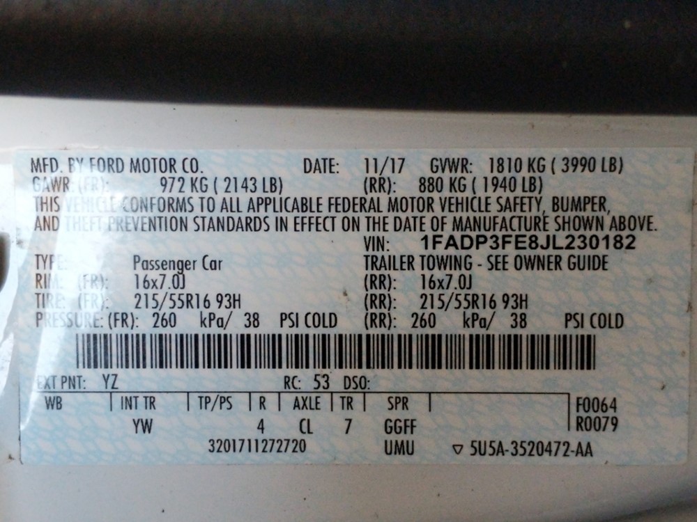 2018 Ford Focus - VIN Plate