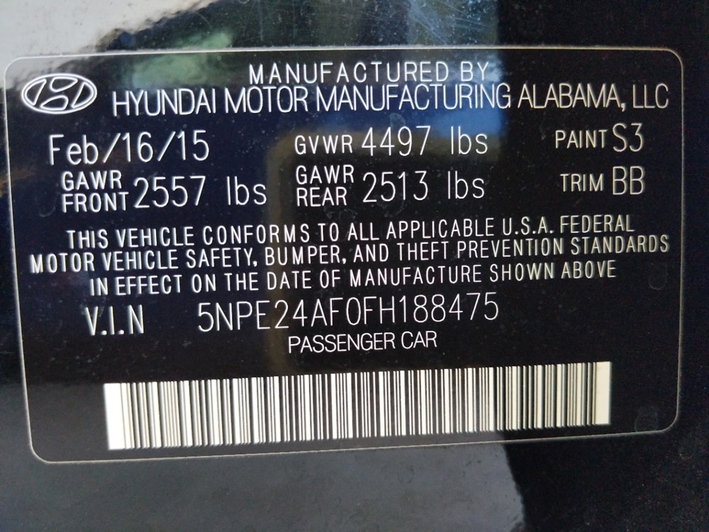 2015 Hyundai Sonata - VIN Plate