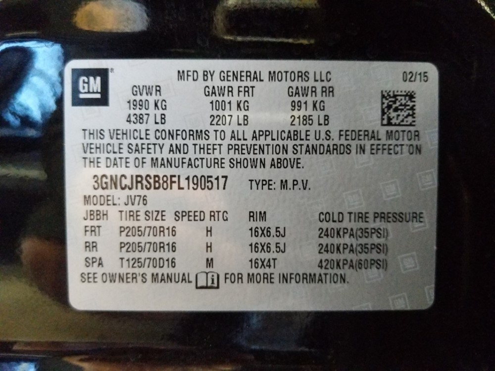 2015 Chevrolet Trax - VIN Plate
