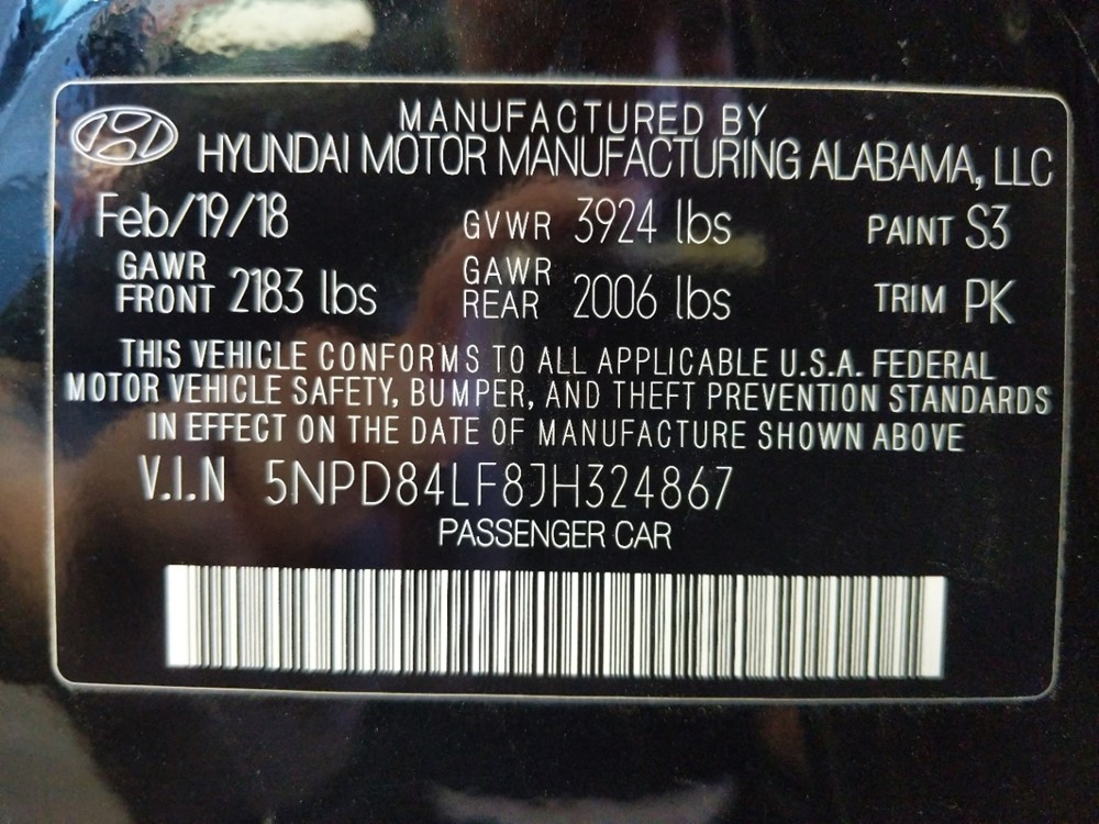 2018 Hyundai Elantra - VIN Plate