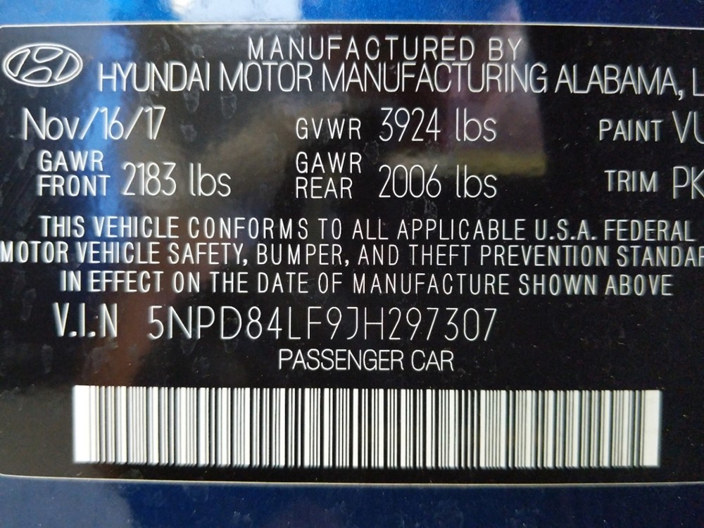 2018 Hyundai Elantra - VIN Plate