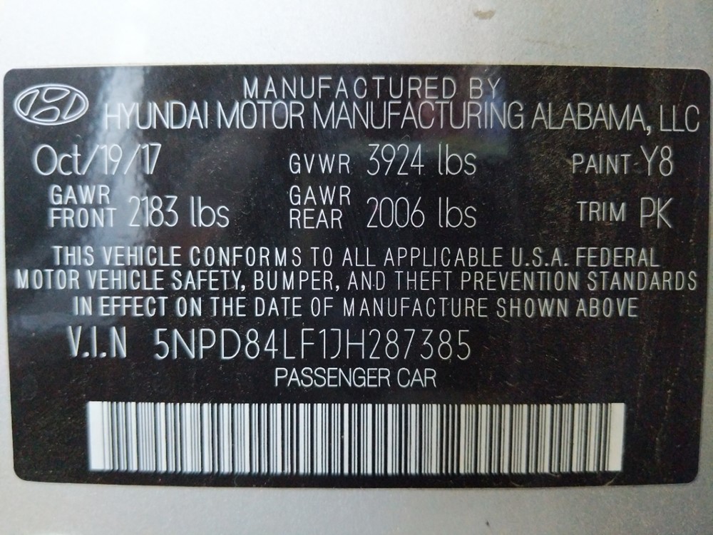2018 Hyundai Elantra - VIN Plate