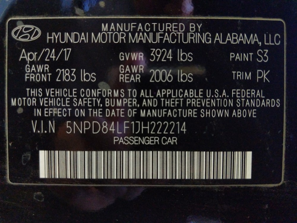 2018 Hyundai Elantra - VIN Plate