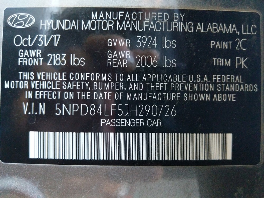 2018 Hyundai Elantra - VIN Plate