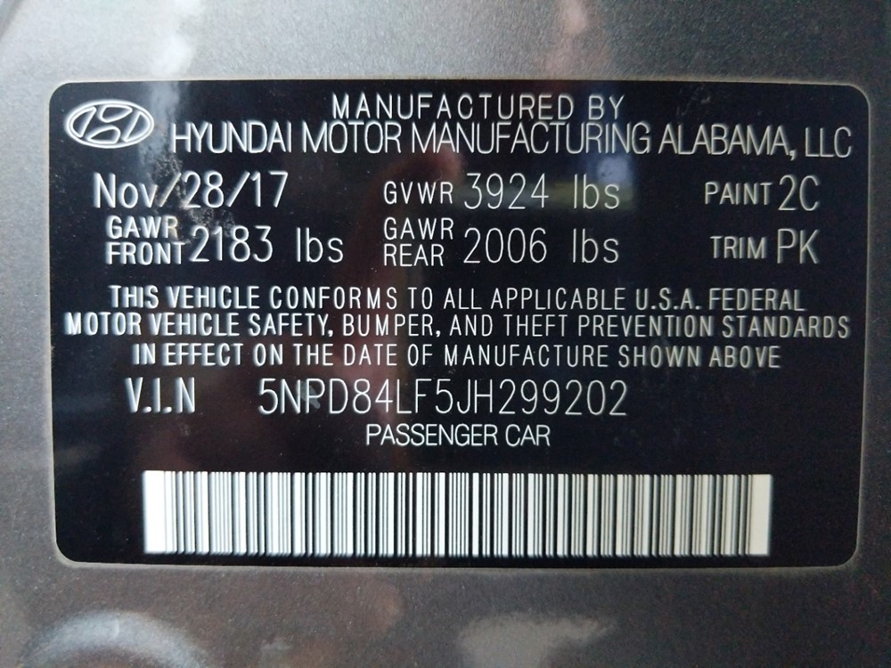 2018 Hyundai Elantra - VIN Plate