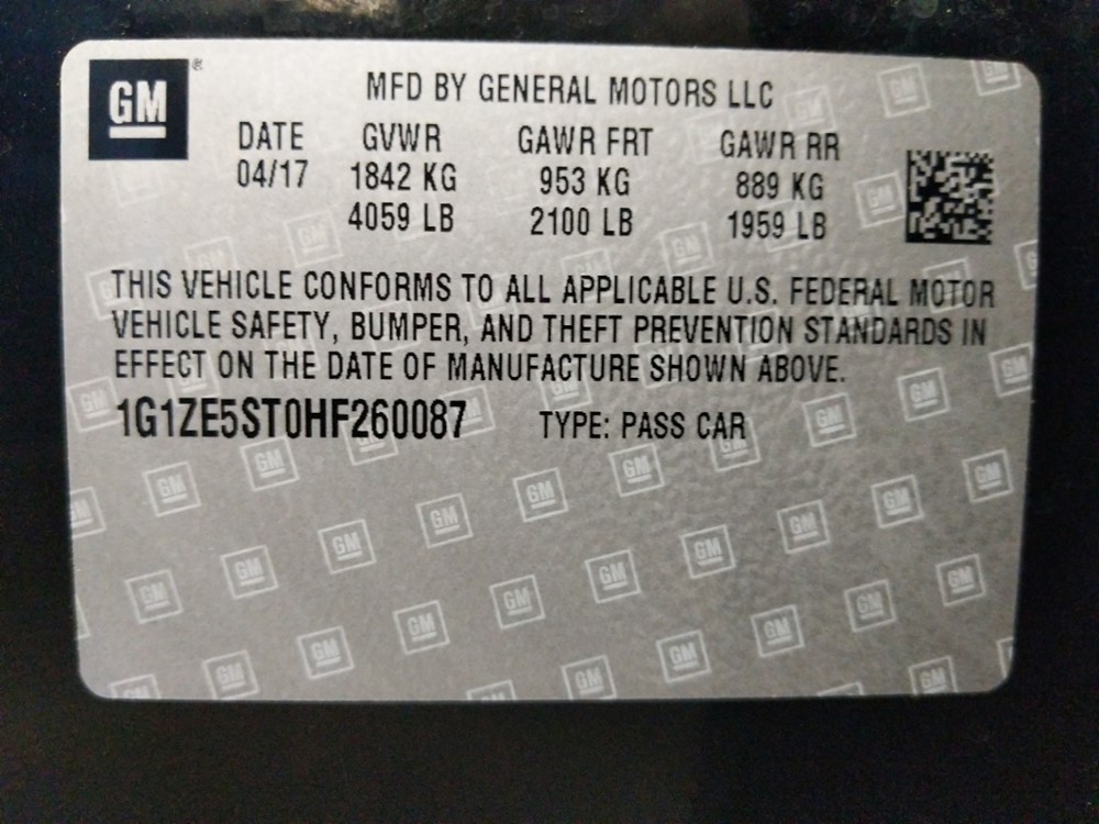 2017 Chevrolet Malibu - VIN Plate