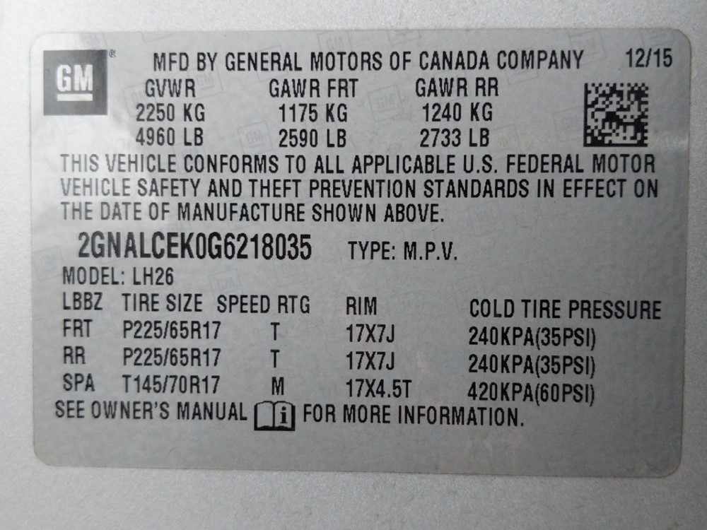 2016 Chevrolet Equinox - VIN Plate