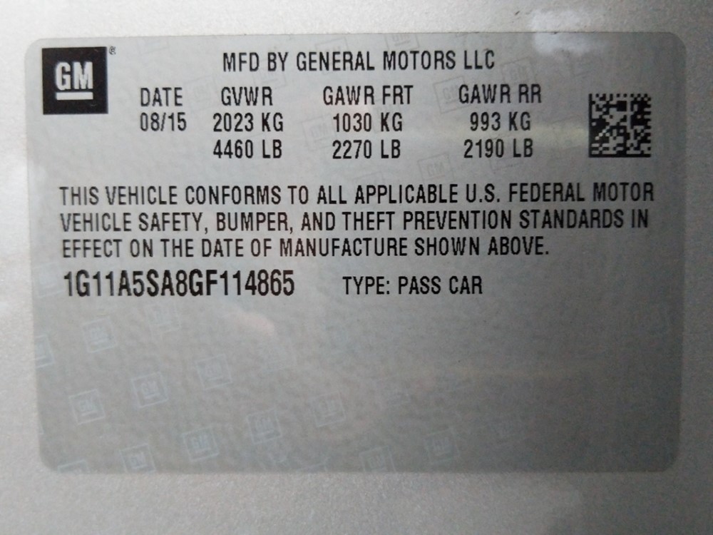 2016 Chevrolet Malibu - VIN Plate