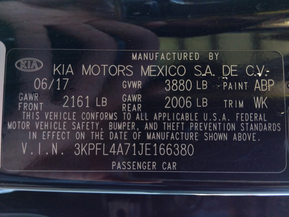 2018 Kia Forte - VIN Plate