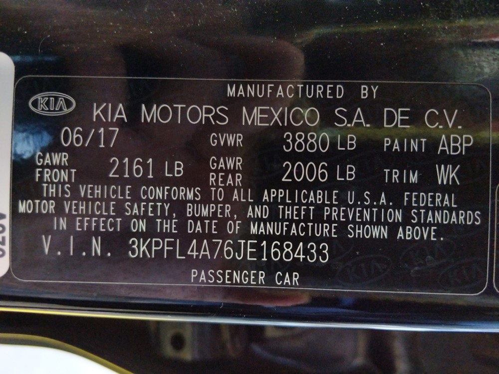 2018 Kia Forte - VIN Plate