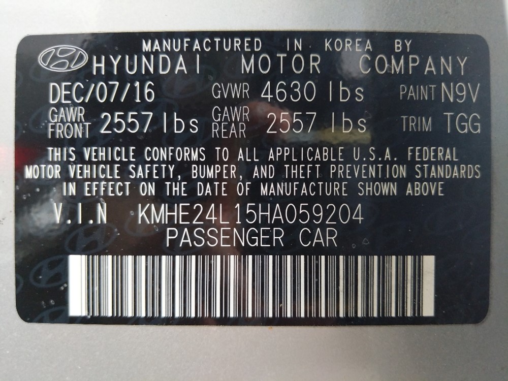2017 Hyundai Sonata - VIN Plate