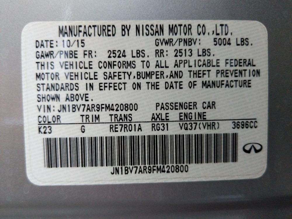 2015 INFINITI Q50 - VIN Plate