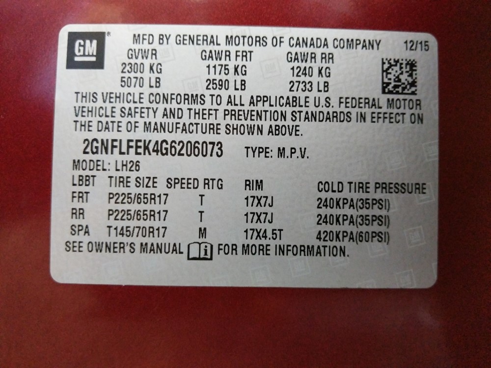 2016 Chevrolet Equinox - VIN Plate